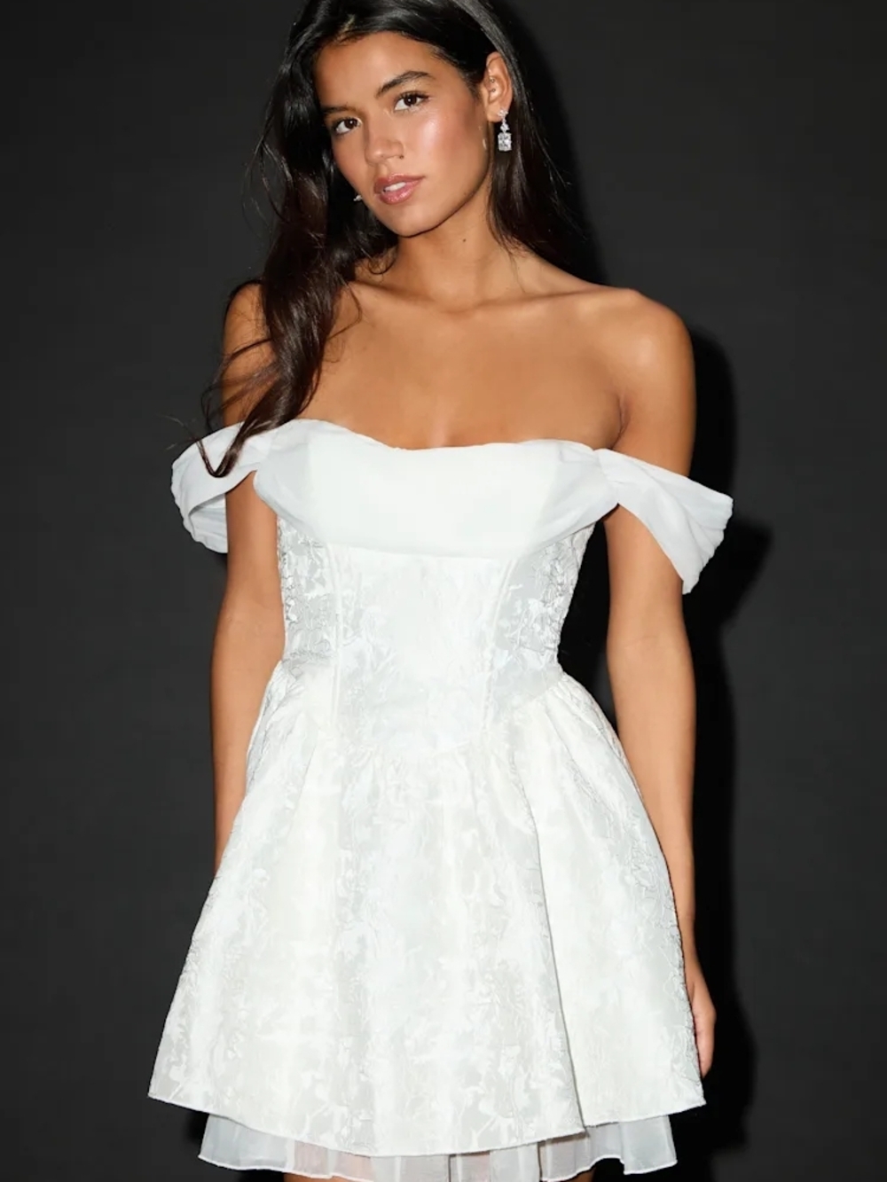 Kalara White Bridal Jacquard Off-the-Shoulder Mini Dress